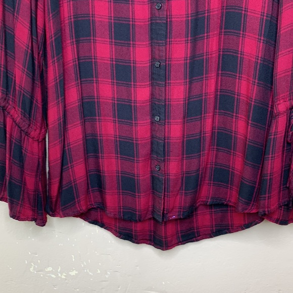 EXPRESS Button Front Shirt Wine & Black Plaid Drawstring Cuff Detail Small - Picture 9 of 14